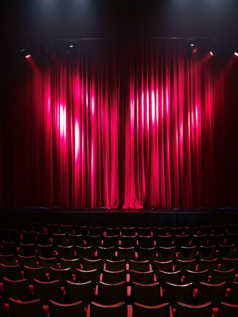 An interior view of an auditorium with multiple rows of upholstered theatre seats arranged in a staggered pattern. The seats are covered in dark red or burgundy fabric with a textured finish, and each